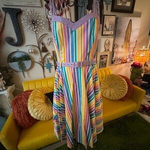 Rainbow Striped Retro Dress with Belt